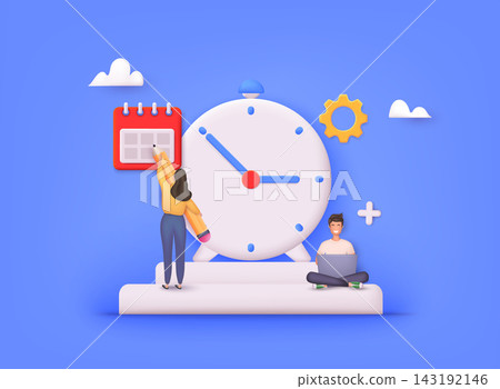 Time management on the road to success Metaphor of time management in team. Concept of multitasking performance timeline. 3D vector cartoon robot. Time management on the road to success Metaphor of time management in team. Concept of multitasking performance timeline. 3D vector cartoon robot. 143192146
