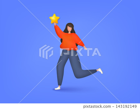 People Characters Giving Five Star Feedback. Vector customer review concepts. Reviews stars with good and bad rate and text. 3D Web Vector Illustrations. 143192149