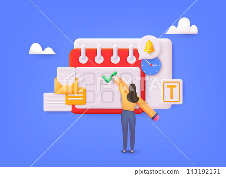 Vector Calendar icon symbol with alert bell warning. Event schedule planner design on isolated on pastel background. Day month year time concept. 3D Web Vector Illustrations. 143192151