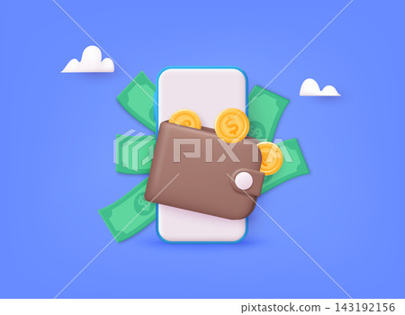 Flying Coins and Smartphone with Wallet. Sending and Receiving Money on Mobile Phone Application. Mobile Banking, Money Exchange, Online Payment. 3D Web Vector Illustrations. Flying Coins and Smartphone with Wallet. Sending and Receiving Money on Mobile Phone Application. Mobile Banking, Money Exchange, Online Payment. 3D Web Vector Illustrations. 143192156