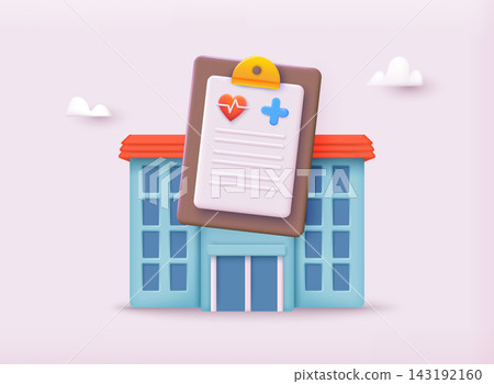Concept of medical center, hospital. Check list for health pharmaceutical. 3D Web Vector Illustrations. Concept of medical center, hospital. Check list for health pharmaceutical. 3D Web Vector Illustrations. 143192160