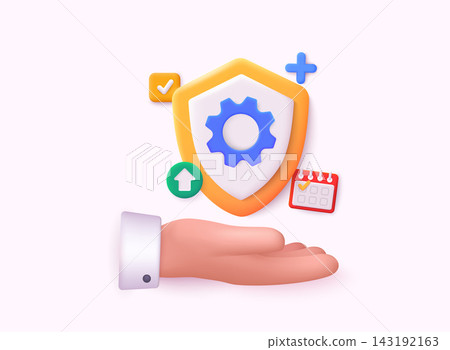 Hand holding security shield with cogwheel gear point. Cyber safety, security and protection, warning attention and risk concept. 3D Web Vector Illustration. Hand holding security shield with cogwheel gear point. Cyber safety, security and protection, warning attention and risk concept. 3D Web Vector Illustration. 143192163