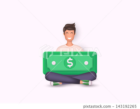 Happy man holding green dollar with both hands. 3D Web Vector Illustrations. Happy man holding green dollar with both hands. 3D Web Vector Illustrations. 143192265