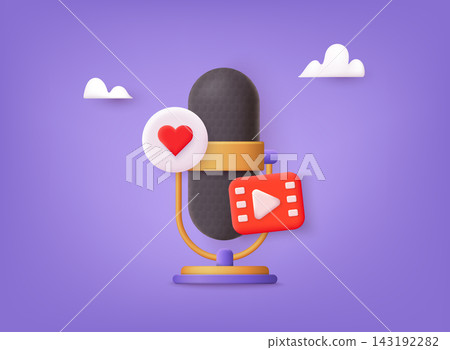 Podcast concept 3D illustration. Icon composition with microphone, heart sign, recording video, listening talk or interview in mobile podcasting application. 3D Web Vector Illustrations. Podcast concept 3D illustration. Icon composition with microphone, heart sign, recording video, listening talk or interview in mobile podcasting application. 3D Web Vector Illustrations. 143192282