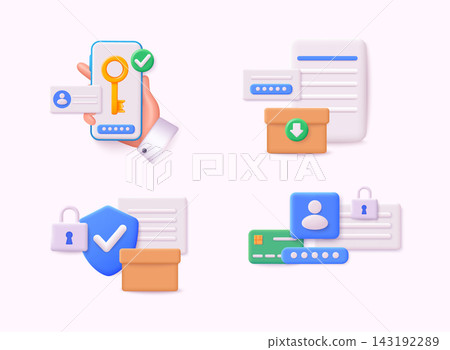 Set of security system object. Login and safe concept. Mobile phone with passcode screen and face recognition app icon. 3D Web Vector Illustrations. Set of security system object. Login and safe concept. Mobile phone with passcode screen and face recognition app icon. 3D Web Vector Illustrations. 143192289