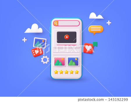 Video service, player app on phone. Trendy and modern vector 3d illustration. Video service, player app on phone. Trendy and modern vector 3d illustration. 143192299