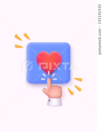 Social media and technology with smartphone. Hand press like button. Online social communication applications concept. 3D Web Vector Illustrations. Social media and technology with smartphone. Hand press like button. Online social communication applications concept. 3D Web Vector Illustrations. 143192430