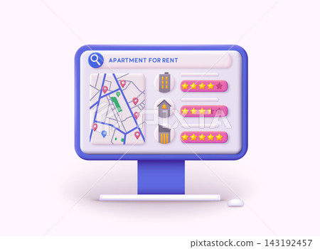 ApartmLocation rating and home rental. Rating or real estate review concept. 3D Web Vector Illustrations. ApartmLocation rating and home rental. Rating or real estate review concept. 3D Web Vector Illustrations. 143192457