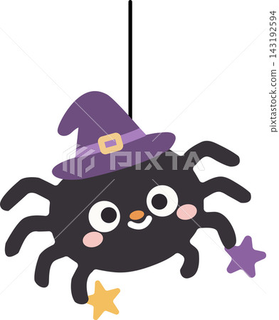 Cute Halloween Black Spider Wearing Witch Hat with Stars Cute Halloween Black Spider Wearing Witch Hat with Stars 143192594