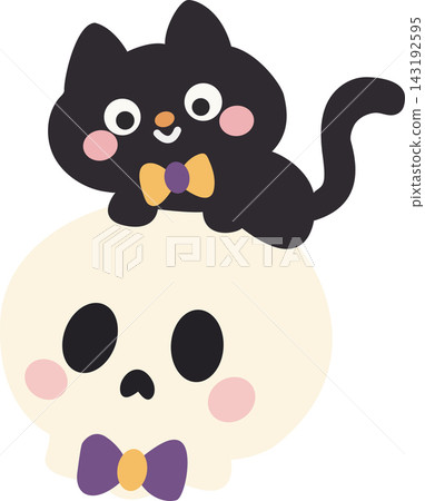 Cute Halloween Black Cat Sitting on Skull Wearing Bow Tie Cute Halloween Black Cat Sitting on Skull Wearing Bow Tie 143192595