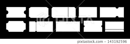 Ticket patterns. Admit one tickets layouts. Vintage, retro white ticket concert, festival event, movie theater, coupons. Icons samples. Empty flat template. Blank backgrounds. 143192596