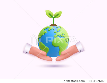 Hands holding green earth with sprout representing eco-friendly planet protection. 3D Web Vector Illustrations. Hands holding green earth with sprout representing eco-friendly planet protection. 3D Web Vector Illustrations. 143192602