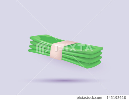 Stack of green banknotes tied with paper band representing cash and finances. 3D Web Vector Illustrations. Stack of green banknotes tied with paper band representing cash and finances. 3D Web Vector Illustrations. 143192618
