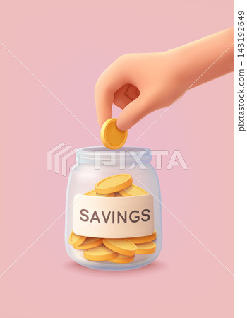 Hand dropping coin into a savings jar, representing personal savings and investment. 3D Vector Illustration 143192649