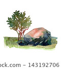 Watercolor large granite boulder with pink top and small leafy shrub on green grass, hand painted Nordic nature illustration 143192706