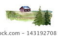 Watercolor rural landscape with red wooden cottage on green meadow and two spruce trees, hand painted Nordic countryside scene 143192708