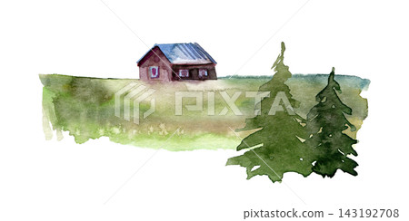 Watercolor rural landscape with red wooden cottage on green meadow and two spruce trees, hand painted Nordic countryside scene Watercolor rural landscape with red wooden cottage on green meadow and two spruce trees, hand painted Nordic countryside scene 143192708