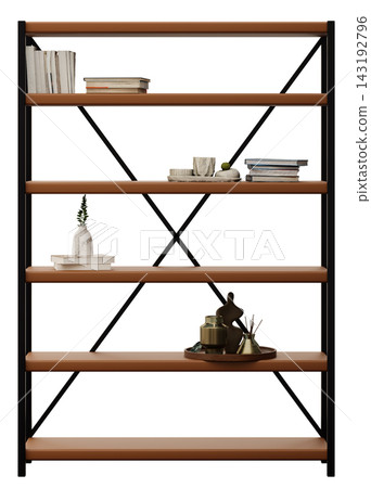 Shelves are shown from the front on a clear background. Items such as books, decorative objects, and plates are arranged on the shelves. This is a Shelves are shown from the front on a clear background. Items such as books, decorative objects, and plates are arranged on the shelves. This is a 143192796