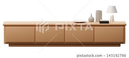 A sideboard is shown from the front on a clear background. It has decor items like a vase, a lamp, and a small dish on top. The scene shows a simple A sideboard is shown from the front on a clear background. It has decor items like a vase, a lamp, and a small dish on top. The scene shows a simple 143192798