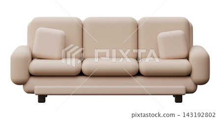 A sofa is displayed from the front view with cushions on both sides. The design features smooth lines and a neutral color. The background is clear A sofa is displayed from the front view with cushions on both sides. The design features smooth lines and a neutral color. The background is clear 143192802