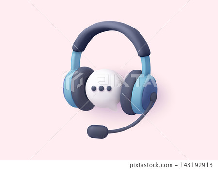 Blue headset with microphone and chat bubble symbolizing call center communication. 3D Web Vector Illustrations. Blue headset with microphone and chat bubble symbolizing call center communication. 3D Web Vector Illustrations. 143192913