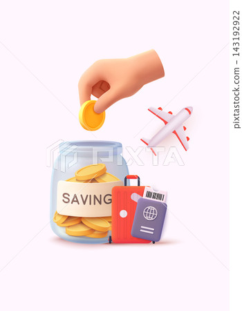 Illustration of a travel saving concept with a hand putting a coin into a jar, airplane, suitcase, and passport on pastel background. 3D Web Vector Illustration. Illustration of a travel saving concept with a hand putting a coin into a jar, airplane, suitcase, and passport on pastel background. 3D Web Vector Illustration. 143192922