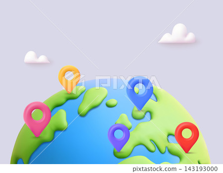 Global location map with colorful pins and navigation markers around the earth. 3D Vector Web Illustration. Global location map with colorful pins and navigation markers around the earth. 3D Vector Web Illustration. 143193000