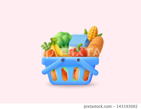 Grocery shopping basket full of fresh food, vegetables, fruits and bread. 3D Vector Web Illustration. Grocery shopping basket full of fresh food, vegetables, fruits and bread. 3D Vector Web Illustration. 143193002