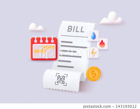 Utility payment concept with receipt, calendar and energy icons - electricity, gas, and water bills. Vector Web Illustration. 143193012