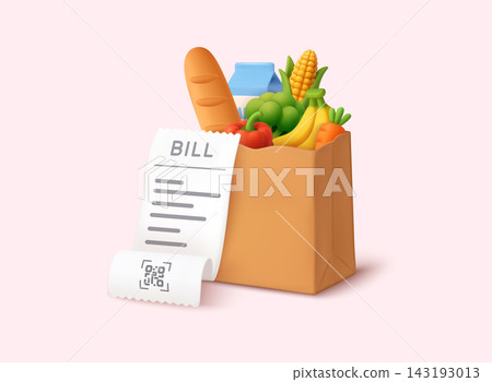 Grocery bill receipt with food bag and fresh products concept for supermarket and e-commerce shopping. 3D Vector Web Illustration. Grocery bill receipt with food bag and fresh products concept for supermarket and e-commerce shopping. 3D Vector Web Illustration. 143193013