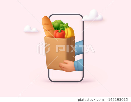 Online grocery delivery concept with hand holding bag from smartphone. E-commerce and fast service idea. 3D Vector Web Illustration. 143193015