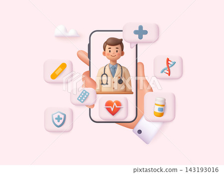 Online medical consultation and telemedicine concept with doctor on smartphone screen. 3D Vector Web Illustration. Online medical consultation and telemedicine concept with doctor on smartphone screen. 3D Vector Web Illustration. 143193016
