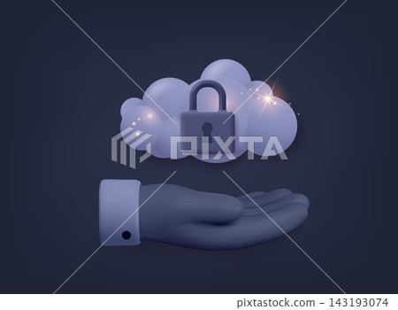 Cloud with padlock hovering over hand symbolizing cloud security and data protection services. 3D Vector Web Illustration. Cloud with padlock hovering over hand symbolizing cloud security and data protection services. 3D Vector Web Illustration. 143193074