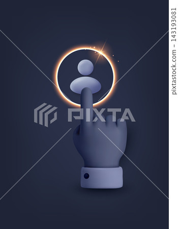 Hand pressing glowing user icon representing digital access, connection and global identity. 3D Vector Web Illustration. Hand pressing glowing user icon representing digital access, connection and global identity. 3D Vector Web Illustration. 143193081