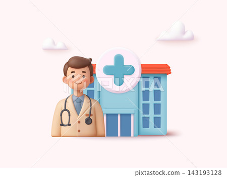 Smiling doctor standing near hospital building. Healthcare and medical service concept. 3D Vector Web Illustration. Smiling doctor standing near hospital building. Healthcare and medical service concept. 3D Vector Web Illustration. 143193128