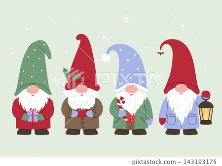 Cute Christmas gnomes set with holiday gifts and lantern vector illustration Cute Christmas gnomes set with holiday gifts and lantern vector illustration 143193175