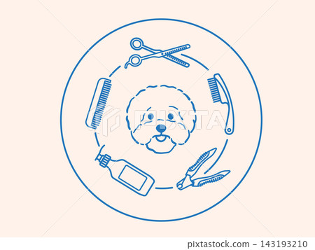 Bichon Frise dog face surrounded by clippers, brush, comb, and scissors. Vector illustration for pet hygiene, fur care, styling, grooming salons, and professional pet care services. Bichon Frise dog face surrounded by clippers, brush, comb, and scissors. Vector illustration for pet hygiene, fur care, styling, grooming salons, and professional pet care services. 143193210