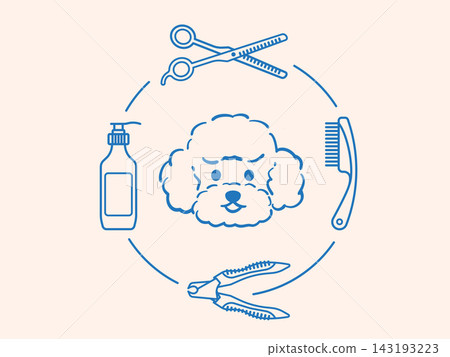 Poodle dog face surrounded by grooming tools including clippers, brush, comb, and scissors. Vector illustration representing pet hygiene, fur care, styling, and professional grooming services. Poodle dog face surrounded by grooming tools including clippers, brush, comb, and scissors. Vector illustration representing pet hygiene, fur care, styling, and professional grooming services. 143193223