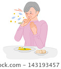 An illustration depicting oral problems and impaired swallowing function in a senior woman who chokes and coughs violently while eating. 143193457