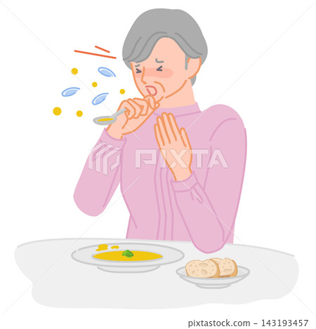 插圖描繪了一位老年婦女的口腔問題和吞嚥功能障礙，她在進食時會劇烈嗆咳。 143193457