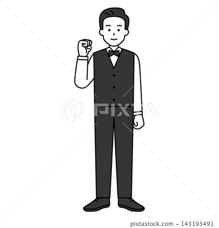 一名男性餐廳員工(全身照)擺出勝利姿勢。 一名男性餐廳員工(全身照)擺出勝利姿勢。 143193491