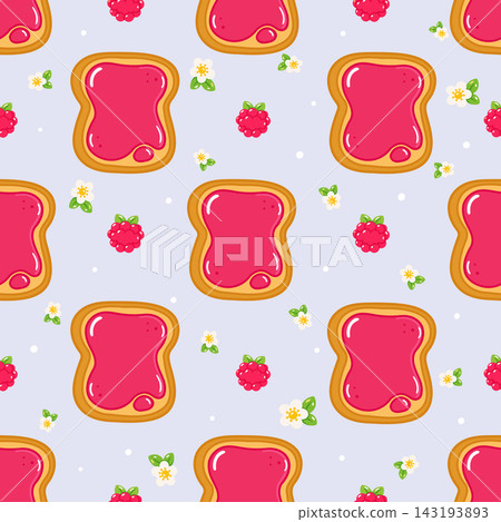 Seamless pattern with jam toast raspberries and blossoms Seamless pattern with jam toast raspberries and blossoms 143193893
