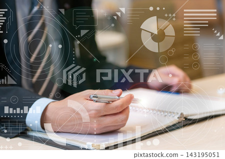 A man checks documents in his hand: business data and graph analysis. A man checks documents in his hand: business data and graph analysis. 143195051
