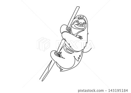Continuous one line drawing happy sloth hanging lazily from a tree branch. Claws, smiling face, and relaxed posture in tropical rainforest wildlife. Single line draw design vector graphic illustration 143195184