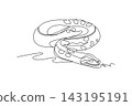 Continuous one line drawing wild python snake coiled closely on the jungle ground with patterned scaly body. Stealthy tropical rainforest reptiles. Single line draw design vector graphic illustration 143195191