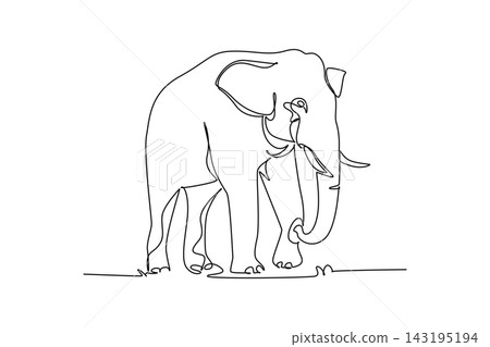 Single continuous line drawing wild elephant walking forward with a curved trunk, large tusks, and ears. Powerful of the endangered rainforest animal. One line draw graphic design vector illustration Single continuous line drawing wild elephant walking forward with a curved trunk, large tusks, and ears. Powerful of the endangered rainforest animal. One line draw graphic design vector illustration 143195194
