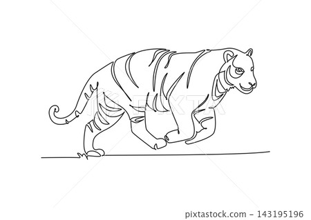 Single continuous line drawing wild tiger running swiftly across the jungle floor. Speed, strength, and striped body of tropical rainforest predator. One line draw graphic design vector illustration Single continuous line drawing wild tiger running swiftly across the jungle floor. Speed, strength, and striped body of tropical rainforest predator. One line draw graphic design vector illustration 143195196