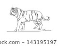Single continuous line drawing wild tiger animal prowling gracefully in the jungle, endangered species conservation, biodiversity, and predator fauna. One line draw graphic design vector illustration 143195197