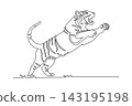Single continuous line drawing wild tiger leaping forward with an open roaring mouth and extended claws, dynamic power of the rainforest apex predator. One line draw graphic design vector illustration 143195198