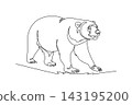 Single continuous line drawing wild bear animal walking forward in nature. Powerful predator wildlife, biodiversity, and outdoor wilderness protection. One line draw graphic design vector illustration 143195200